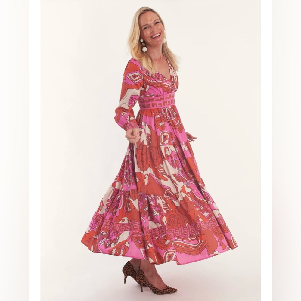 Pink & Red Printed V-Neck Maxi Dress